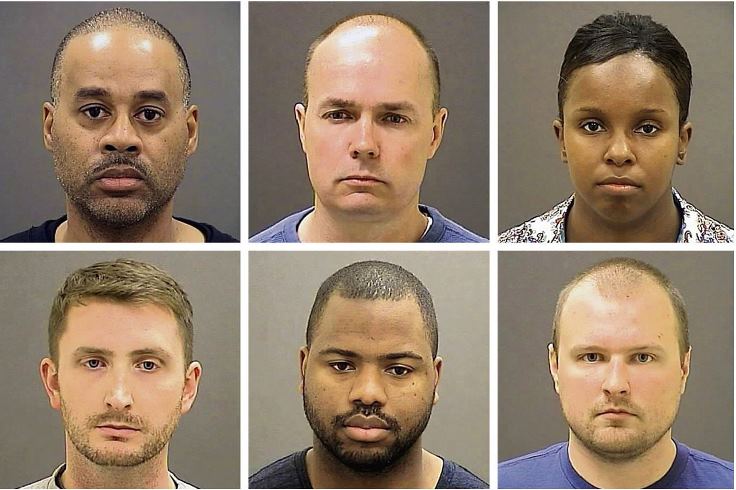 from top left, the 6  Police officers who were charged: Officer Caesar Goodson; Lt. Brian Rice; Sgt. Alicia White; Officer Garrett Miller; Officer William Porter; and Officer Edward Nero. Credit